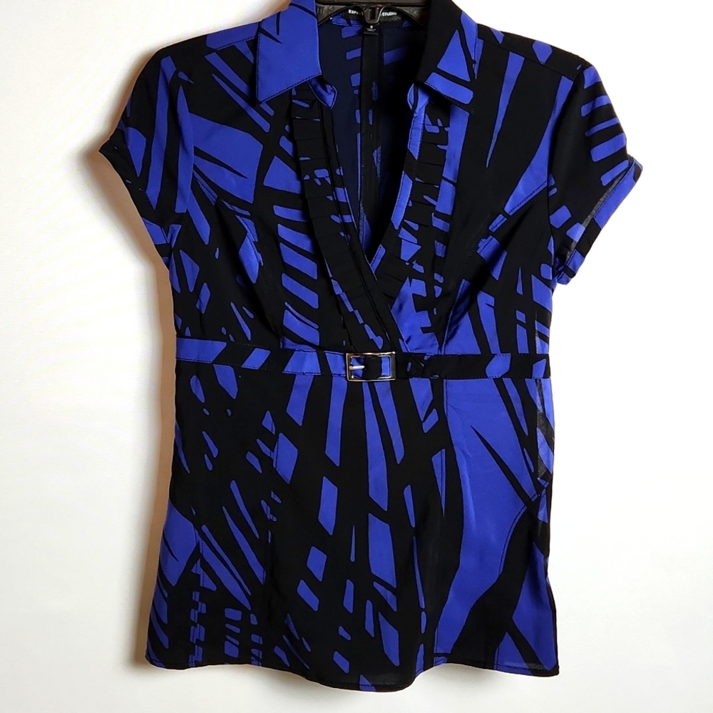 Express Design Studio Blue and Black blouse short sleeve ruffled collar Sz-S